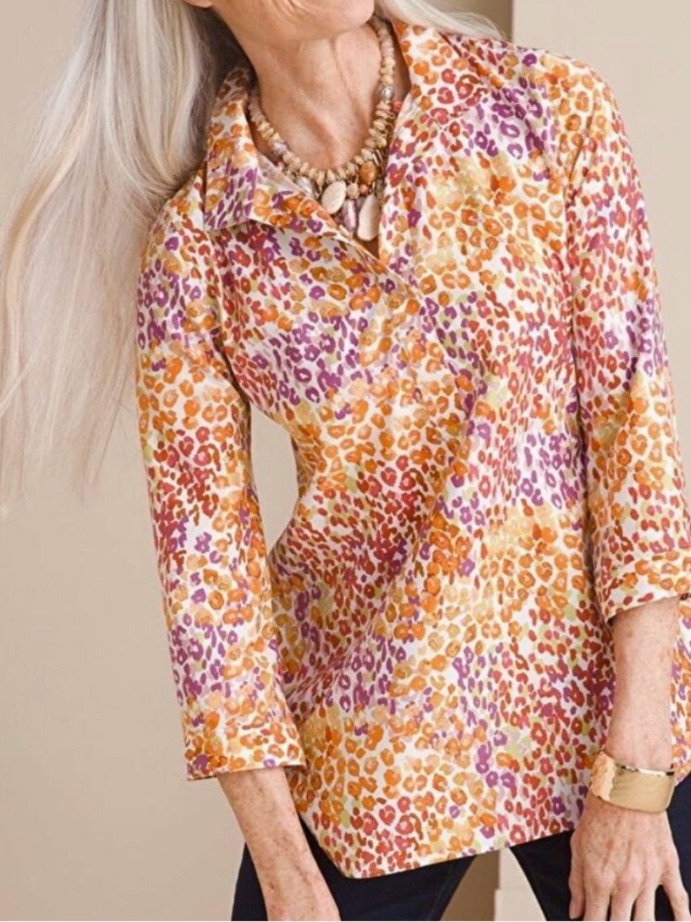 Chicos No Iron Chic Stretch Colorful Animal Print Popover Blouse Womens 12-14